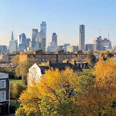 An autumnal view towards London’s city skyline